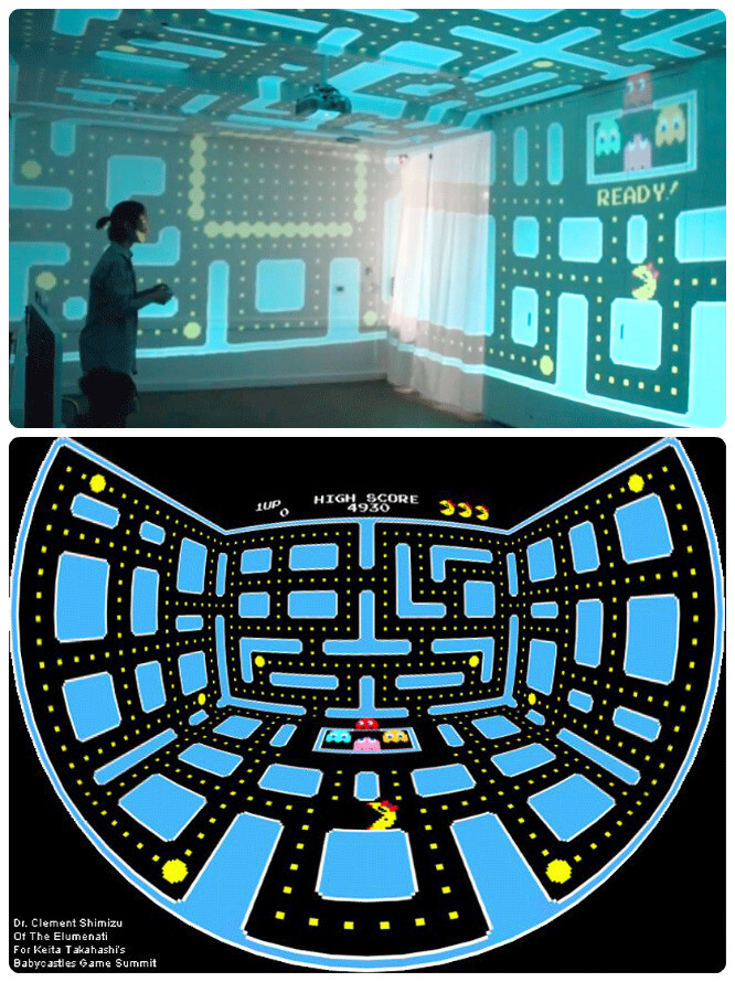 《吃豆人（Pac Man）》是一款经典的视频游戏，给很多人的童年留下了美好的回忆。日本知名游戏人、《块魂》设计总监高桥庆太（Keita Takahashi）对这款游戏进行了重新演绎，设计了一款3D版吃豆人，而显示屏则是一间屋子的房顶和墙壁。在上周纽约艺术设计博物馆举办的“儿童城堡峰会（Babycastles Summit）”上展示了自己的作品。游戏的显示屏就是整个房间，里面的吃豆人飞檐走壁，在屋顶和墙上匍匐前进，玩家的脑袋和脖子也跟着吃豆人的脚步不断旋转，仿佛置身于游戏之中，让人在虚拟和现实之间产生一种穿越感。