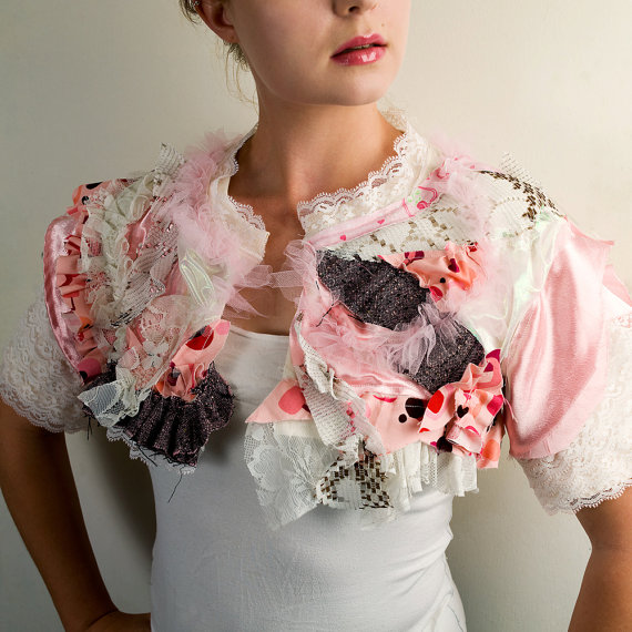 Romantic Bohemian Gypsy Lace Patchwork shrug in pink and white