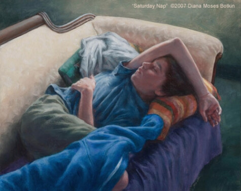 Original oil painting "Saturday Nap" Figurative/Portrait, sleeping boy on couch 2007 Diana Moses Botkin -- Diana Moses Botkin