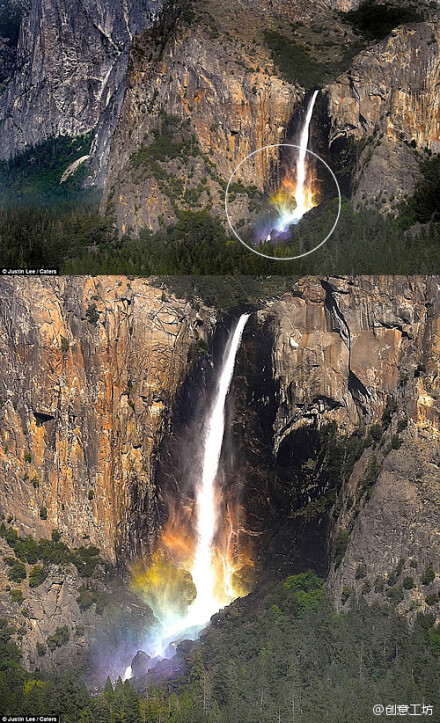 加拿大摄影师Justin Lee 在美国加州的Yosemite National Park（约塞米蒂国家公园）拍照时，意外地捕捉到一条瀑布下方呈现出万花筒般梦幻的彩虹奇观。Justin Lee 说没有想过要拍摄彩虹，只不过意外地在恰当的时间处在恰当的地点上罢了。