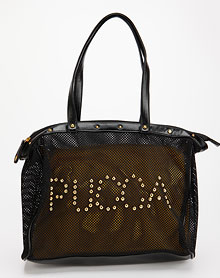 中国娃娃 女款黑色钉珠贴字网格单肩包