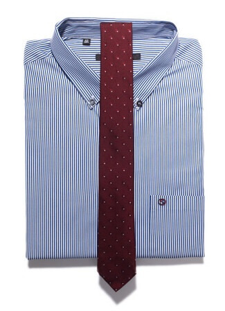 Cotton stripe shirt, $365 by Gucci; silk square detail tie, $220, by Emporio Armani.