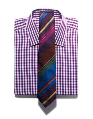 Cotton check shirt, $169, by Baubridge &amp; Kay; silk stripe tie, $160, by Danielle Wallace,