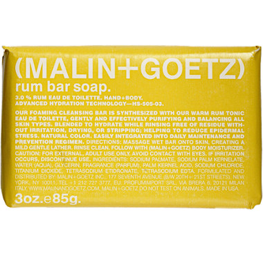 MALIN+GOETZ 朗姆滋润洁肤香皂。2.0%朗姆淡香水，适用于手部和身体。减少对表皮构成压力。天然色泽。简易配合日常护理程序，并可避免繁复的步骤。