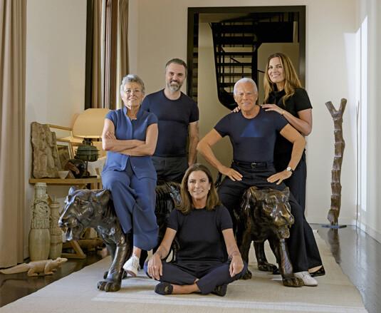 Giorgio Armani, photographed in his Milanese home with, from left, his sister Rosanna, his nephew, Andrea Camerana, and his two nieces, Silvana and Roberta