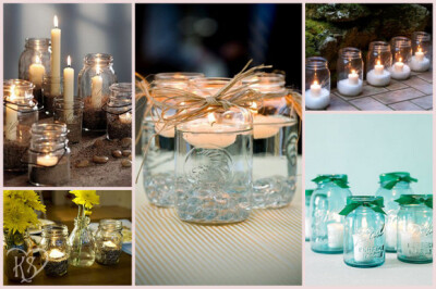 婚礼布置-5种方法在婚礼上使用玻璃罐:1,加上蜡烛，制造温馨；2.作为花瓶，创造质朴清新；3.创意的座位卡；4.设计到请柬中，作为主题细节；5.作为饮品容器