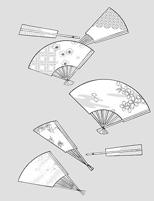 日本线描植物花卉矢量素材-42（日本扇子、樱花、梅花、古典背景图案）