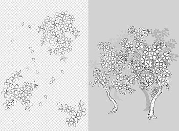 日本线描植物花卉矢量素材-41（樱花、古典背景）