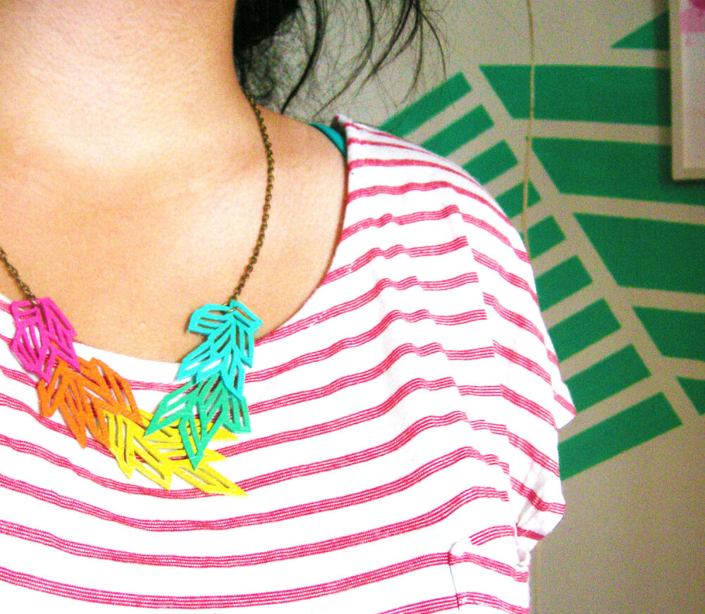 Neon Geometric Necklace Leather Color Block Stripes