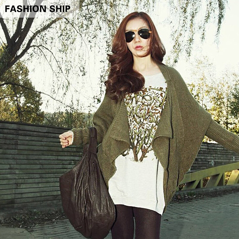 fashionship韩国2012秋冬装新款女开衫羊毛针织衫蝙蝠袖长款毛衣