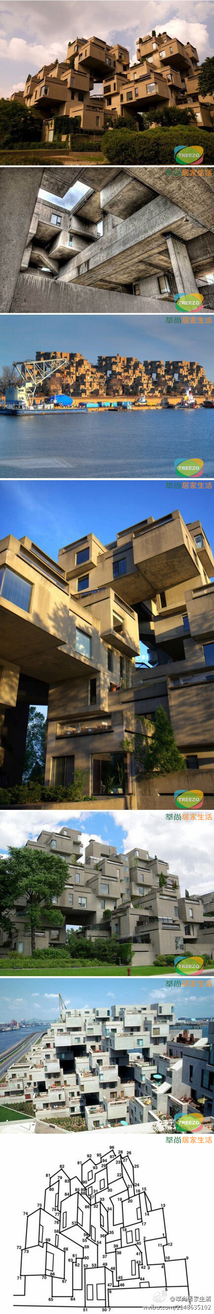 Habitat 67是一座位于加拿大蒙特利尔圣罗伦斯河畔的一个住宅小区，加拿大建筑师萨夫迪Moshe Safdie是这座建筑的总设计师。将每一盒子式的住宅单元都设定为统一的模块，再像集装箱那样以参差错落的形式堆积起来，做到形散神不散。