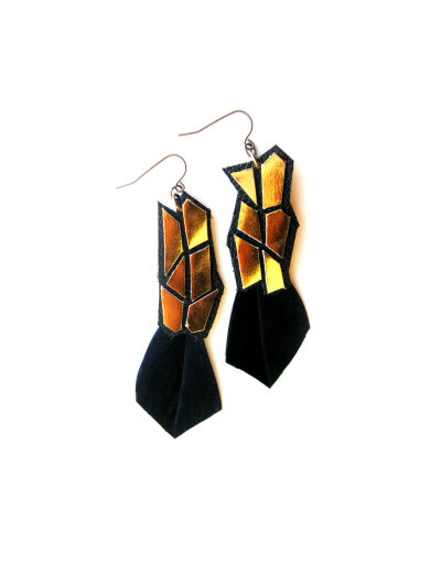 Leather and Feather Earrings Geometric Prism