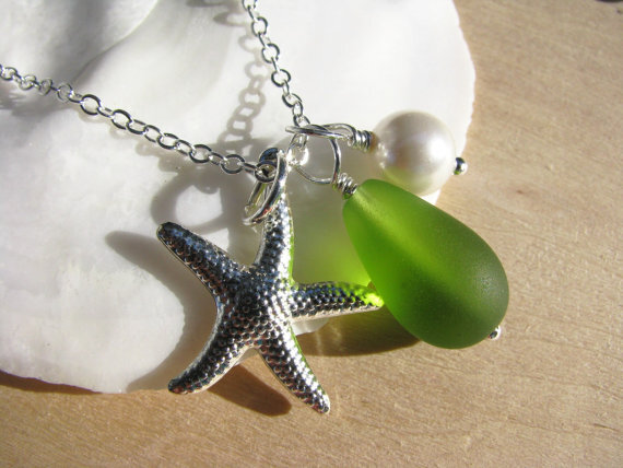 Bridesmaid Jewelry Lime Green Wedding Jewelry Starfish Necklaces Sea Glass Beach Wedding Destination Wedding