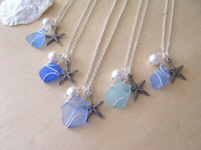 Wedding Jewelry Cornflower Blue Sea Glass Bridesmaid Necklace Ombre Starfish Charm and Beach Glass Pendants Beach Wedding