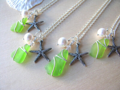 Wedding Jewelry Lime Green Sea Glass Bridesmaid Necklace Starfish Charm and Beach Glass Pendants Beach Wedding