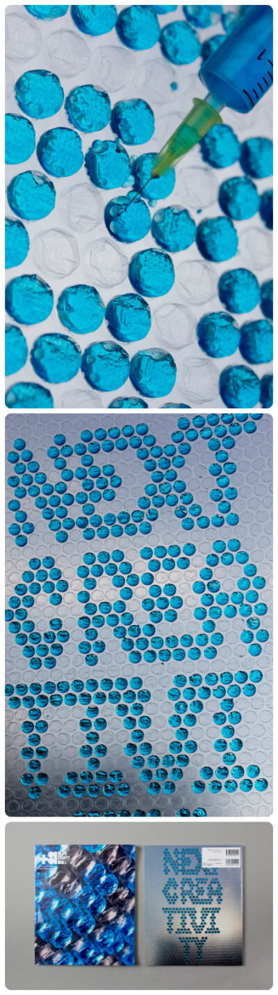 来自西班牙巴塞罗那的平面设计工作室Lo Siento最近为日本的《+81》杂志设计了一种另类的字体，设计师将带有颜色的水注入气泡膜里面，然后拼出“下一种创新（next creativity）” 两个单词。让人眼前一亮。