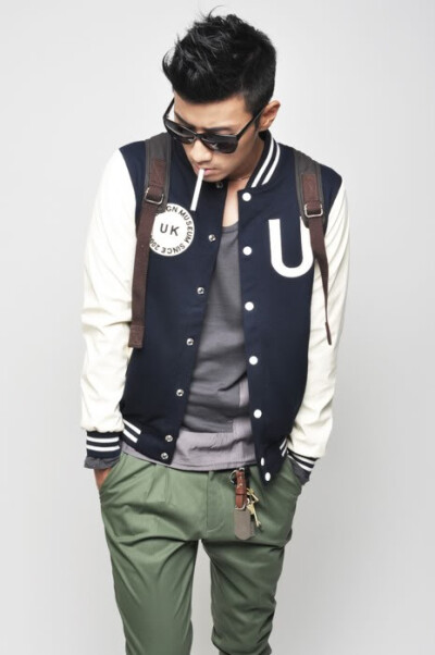 mens varsity jacket . olive pants