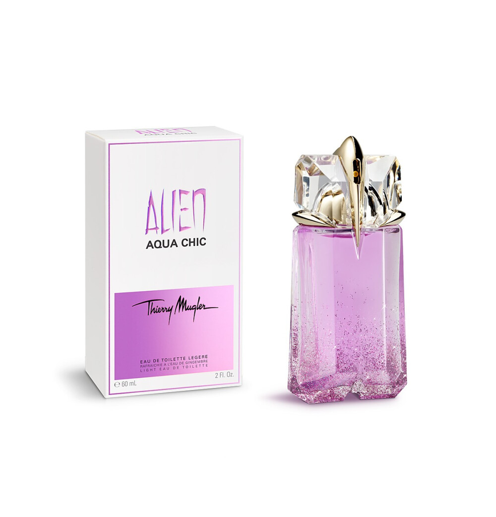 蒂埃里·穆勒 (Thierry Mugler) Alien Aqua Chic淡香水，由15%至20%的香精組成，是經(jīng)過(guò)蒸餾水和酒精過(guò)濾達(dá)到最終的混合成分。香調(diào)中融合了姜、檸檬馬鞭草、小蒼蘭以及溫暖的木質(zhì)調(diào)、龍涎香，容量為60毫升，調(diào)香師為Dominique Ropion。