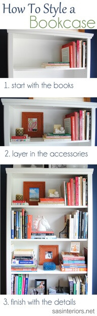 A breakdown on how-to style a bookcase. Inspiration tips and ideas on how and where to begin accessorizing a bookcase or shelf in your home by @Jenna_Burger #styling #decorating