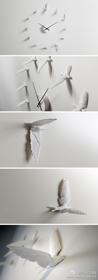 时间如飞鸟，珍惜每一刻时光。燕子象征着运气和希望，台湾设计工作室良事设计的“Swallow series”燕子钟表，以12只呈飞翔姿态的白色树脂燕子作为时间刻度，让生活中也充满诗意。