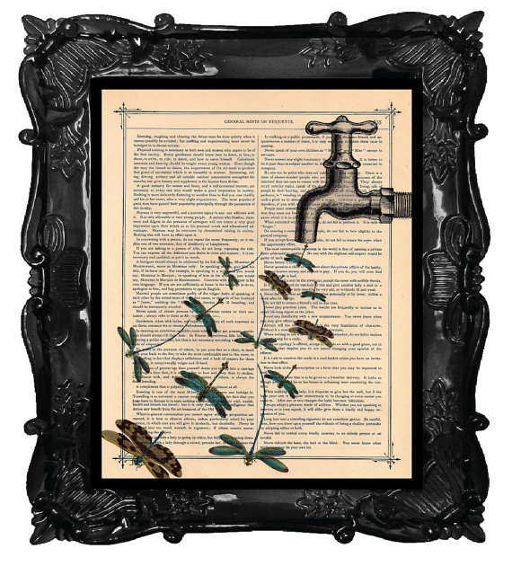 Faucet DRAGONFLIES Spring Water Art Print - DRAGONFLIES Faucet beautifully made on antique book page dictionary print Dragonfly