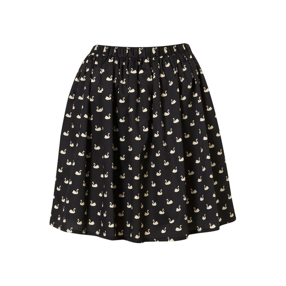 黑色天鹅印花压摺A字裙短裙