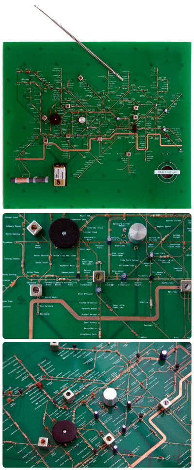 地铁线路图一直是设计师和艺术家们的最喜欢的话题之一。日本设计师尤里铃木最近用印刷电路板演绎了伦敦地铁。设计师以铜板电路作为地铁线，通过电阻、电容、电池等电子元件代表重要的线路节点，在一块电路板上设计出…