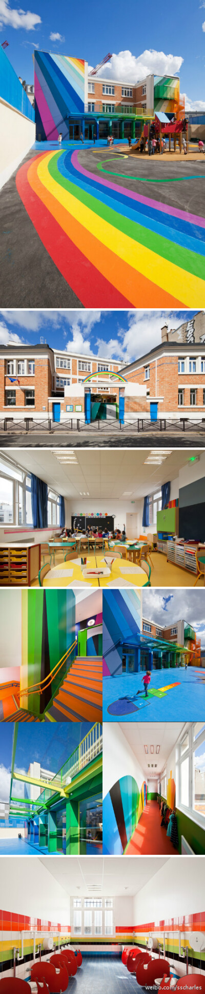这是法国的一间幼稚园，在1940年的原有建筑上增添了彩虹色，看起来是那么的活泼。