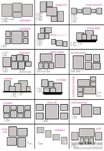 想把照片挂在墙上，你可以参考这些排列方式（如果照片非常多，其实最简单地同尺寸顺序排列就很好