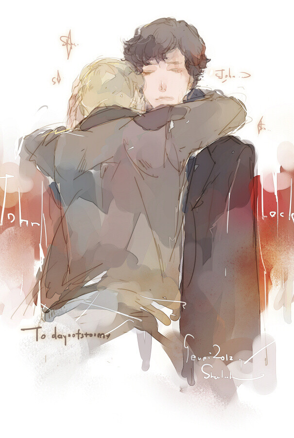 #神探夏洛克# 涂鸦·拥抱 John/Sherlock FOR汤daysofstorm : could you maybe, only if you want to, draw some cuddling John and Sherlock? 虽然说是拥抱好像一点也不温馨？我喜欢看到卷福身上有血，不知道为什么..by 眠狼