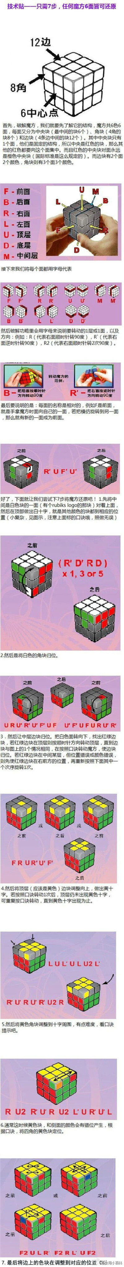 只需7步，任何魔方6面皆可还原。喜欢的童鞋收藏啦~