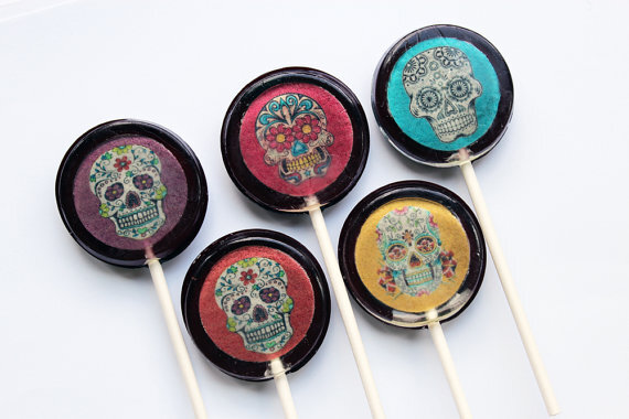 Sugar skull edible images flat style hard candy lollipop - 5 pc. - MADE TO ORDER