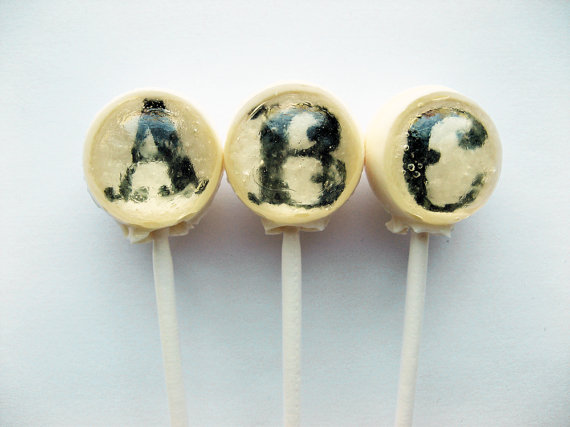 Ball style fancy letters and numbers edible iamges hard candy lollipop - 6 pc. - MADE TO ORDER