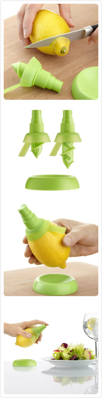 柠檬喷雾器是一款调味辅助产品，可以把柠檬变成一个调味儿的迷你喷雾器。使用时需要把柠檬的顶部削掉一小块，然后把带有螺纹的尖头插入柠檬中，直到硅胶环盖住水果。接着轻轻挤压柠檬，让柠檬汁进入喷雾器中，然后你…