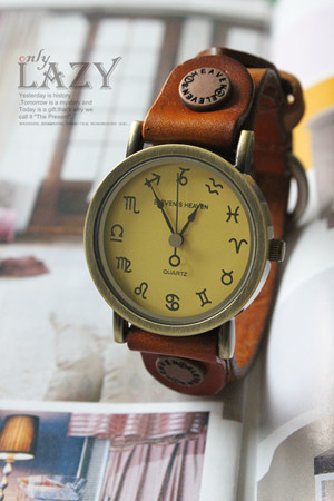 复古手表 十一堂牛皮表带黄色星座符号表盘定制手工表