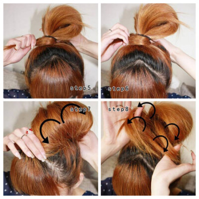 把剩余发尾的发丝顺时针绕在马尾根部固定好。握起头发的部分向前后左右四个方向拉开。