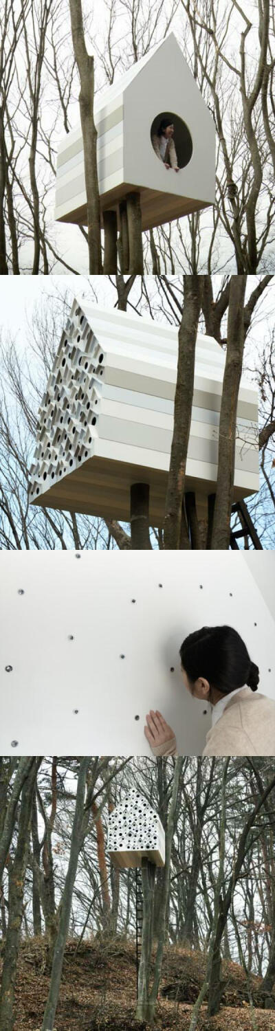 日本建筑设计师佐藤大（Oki Sato）为安藤百福中心设计了一座双面树屋。该树屋位于日本长野县小诸市的森林里，分为两面，共包括78个鸟窝和一个住人的小屋，鸟窝和人住的小屋之间的隔板上有78个小孔，人们可以透过小孔…