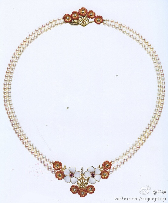 日本珠宝名家设计，浅浮雕珐琅技法项链，在白色和橘色景泰蓝上面，搭配小颗粒宝石做组合，成了一件静默简洁感十足的装饰品。