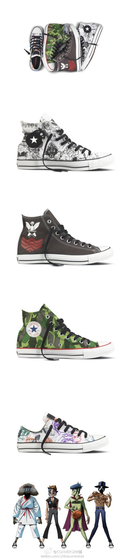 #Converse x Gorillaz#合作鞋款3月1日起正式发售！四款糅合了Gorillaz各种元素，内衬更以乐队专辑的视觉形象拼出。售价：469 ~ 499 此外，#Three Artists One Song#联合Gorillaz、Jamie Murphy和Andre 3000全新单曲“DoYaThing”也将于2月24日起在CONVERSE博客提供下载。