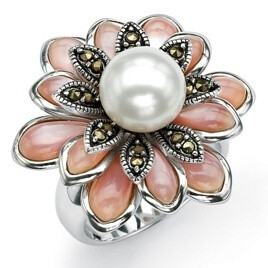 Antiqued Sterling Silver Cultured Freshwater Pearl and Pink Mother-of Pearl Marcasite Ring