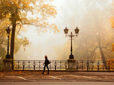 Picture of a woman walking along an autumn street in Latvia