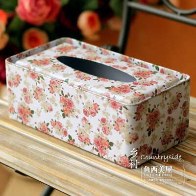 鱼西美屋 欧式田园玫瑰花铁皮纸巾盒 ZJH019 可爱创意抽纸盒纸抽