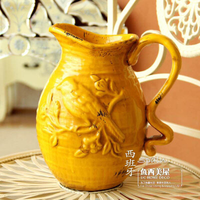 鱼西美屋 地中海风格 欧式陶瓷小鸟花瓶 HP056 黄色单耳花瓶