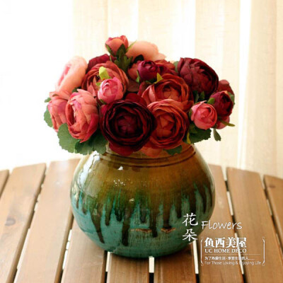 鱼西美屋 地中海花瓶+深红法国玫瑰 HY127 整体花艺仿真花套装