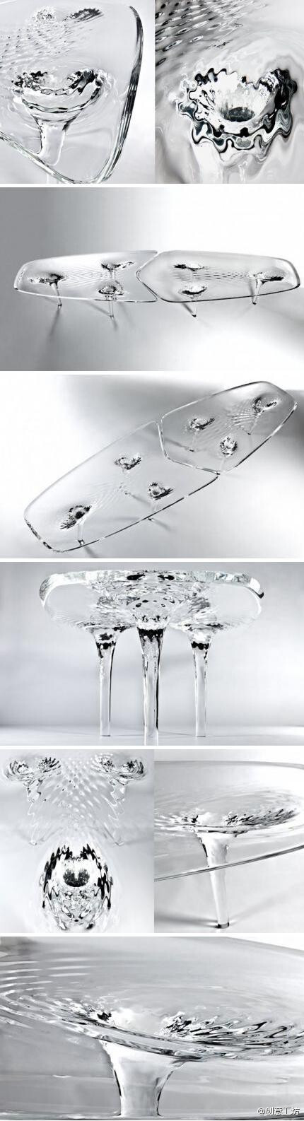 英國(guó)女建筑師Zaha Hadid的流動(dòng)冰川桌（Liquid Glacial Table），色澤形態(tài)讓桌子看起來(lái)像是動(dòng)態(tài)的，在持續(xù)的流動(dòng)中，冷清微妙。