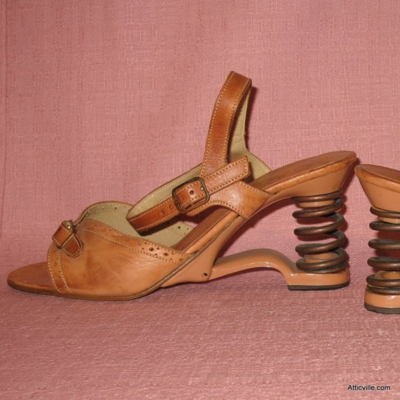 RESERVED Vintage NOS dead stock 1970s 70s silver spring coil wedge high heel shoe in tan leather with ankle strap and open buckle toe hippie hippy Boho.US Size 7