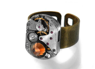 Steampunk Ring, Topaz Crystal & Vintage Watch Movement - Adjustable Ring 7 - 10