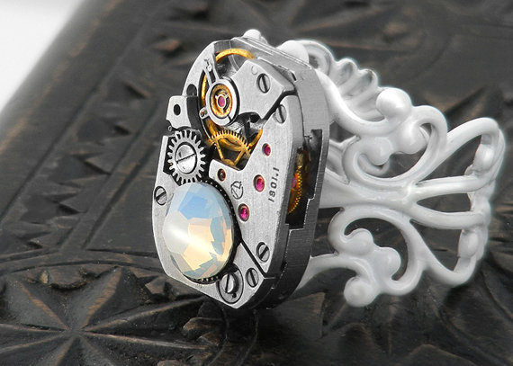 Steampunk Ring, White Opal Crystal & Vintage Watch Mechanism - Adjustable ring