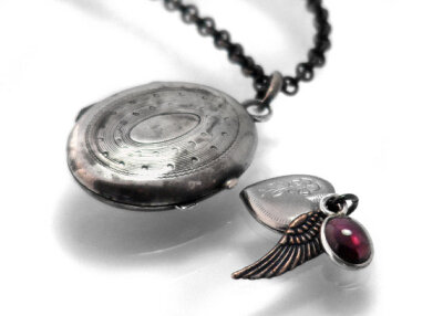 French Antique Locket, Silver Reliquary with Heart, Angel Wing & Garnet, Belle Epoque - Long Chain Necklace