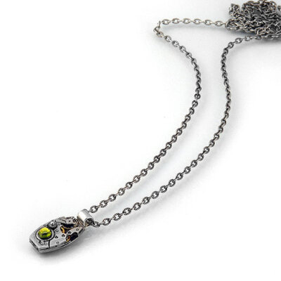 Steampunk Necklace, Grassy Olivine Crystal & Vintage Watch Movement - Long Chain Necklace